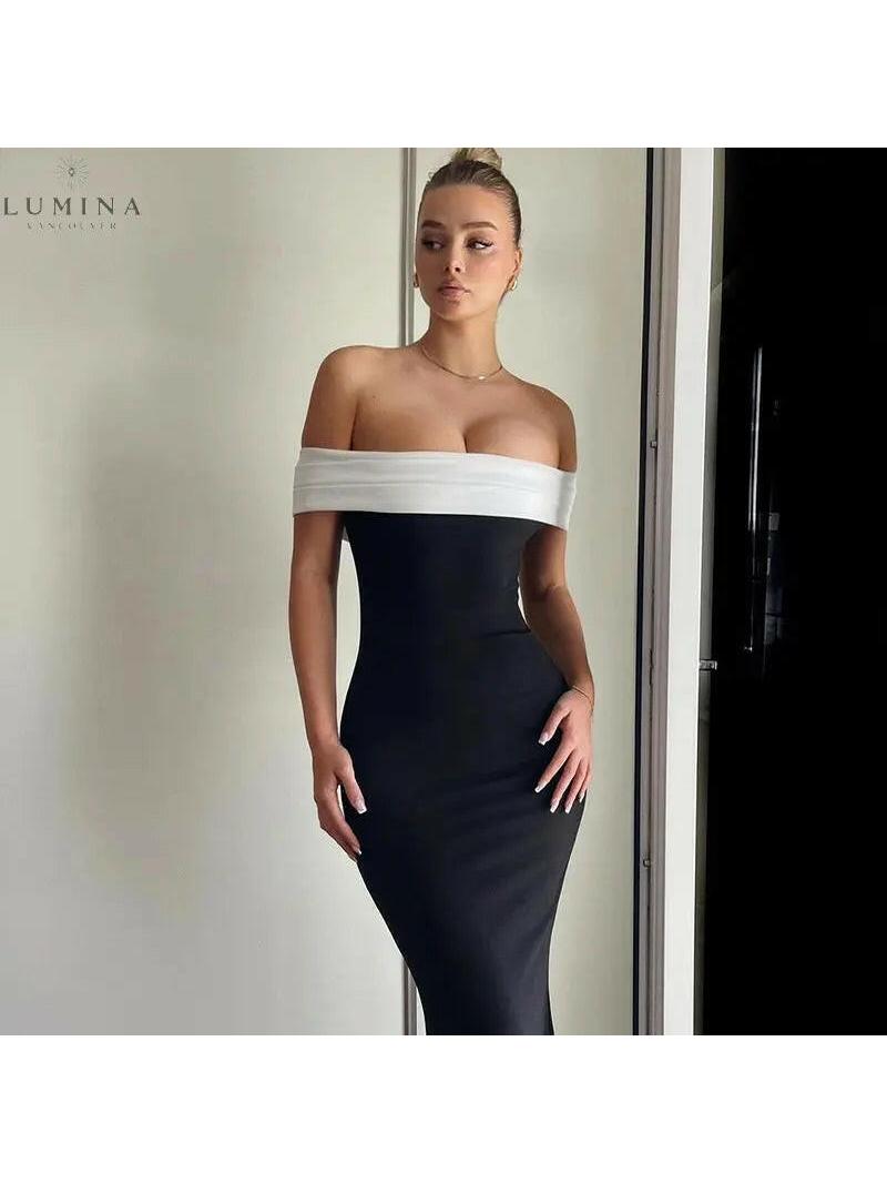 Morgana off-shoulder contrast maxi dress by Lumina Vancouver in Old Money style, featuring elegant off-shoulder design and flowing fabric.