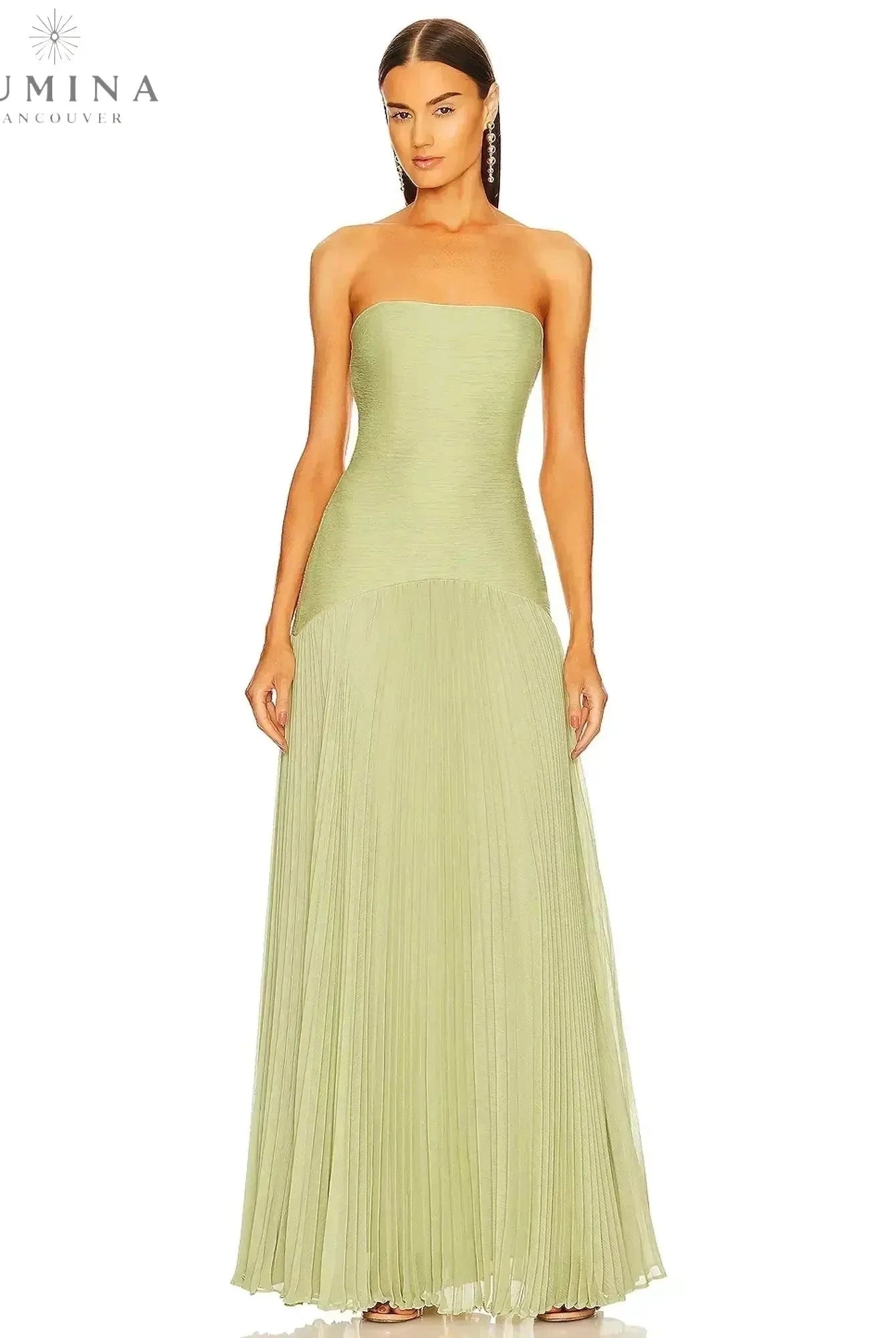 Lumina Wear Morgane sleeveless drop-waist maxi dress, elegant wedding guest dress with flowing fabric and floor-length design.