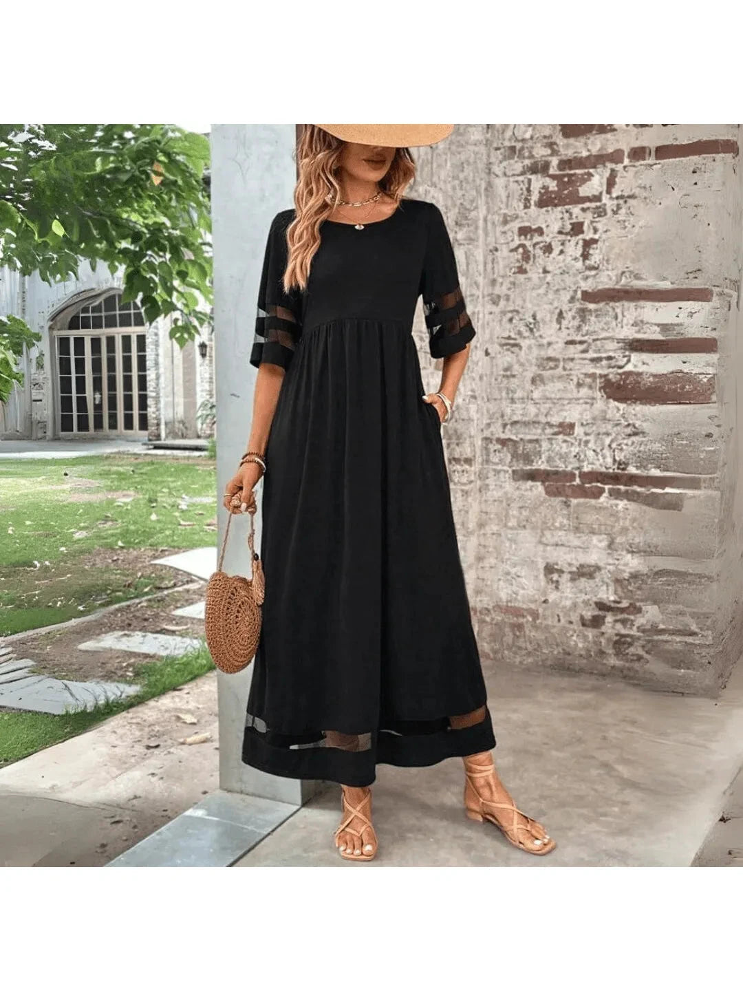 Black Nadia™ Tummy Coverage Dress by Lumina Vancouver, stylish and comfortable for everyday wear, close-up of the dress fabric and fit.