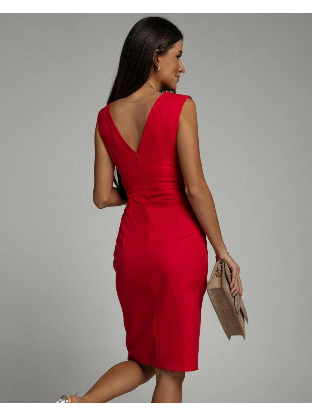 Red Nadinee™ V-neck dress with slit by Lumina Vancouver, stylish and elegant, shown on a model.