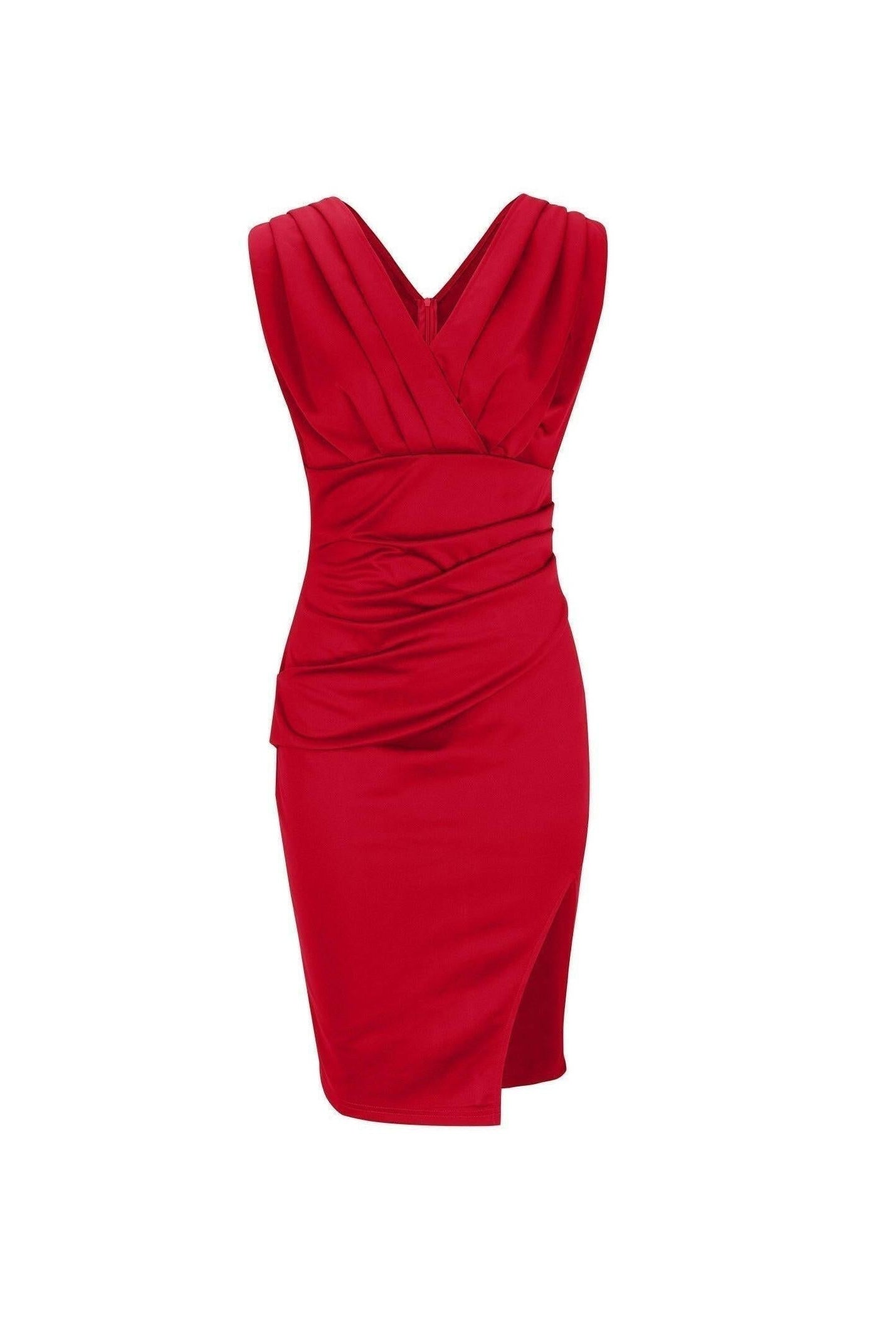 Red Nadinee™ V-neck dress with a slit, from Lumina Vancouver, featuring a stylish design and elegant fit.