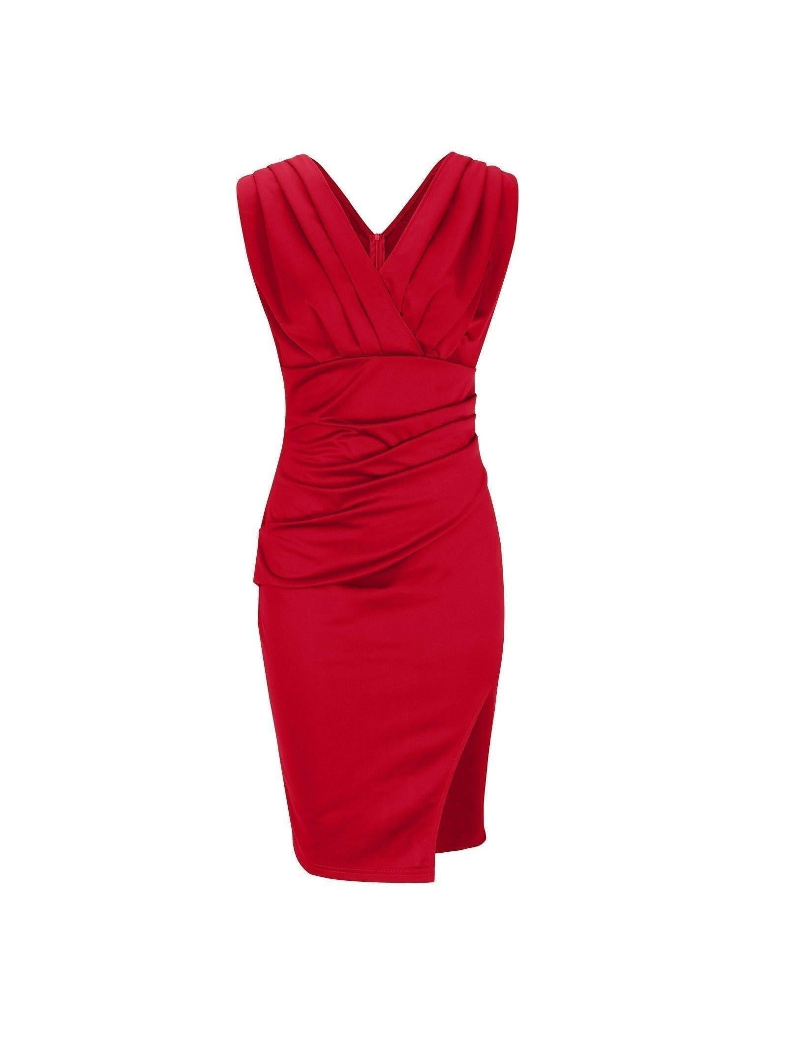 Red Nadinee™ V-neck dress with a slit, from Lumina Vancouver, featuring a stylish design and elegant fit.