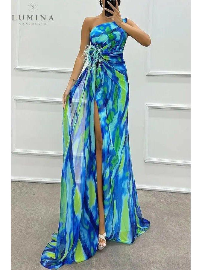 Naomi blue vibrant maxi dress by Lumina Vancouver, perfect for wedding guests, featuring a flowing silhouette and elegant design.