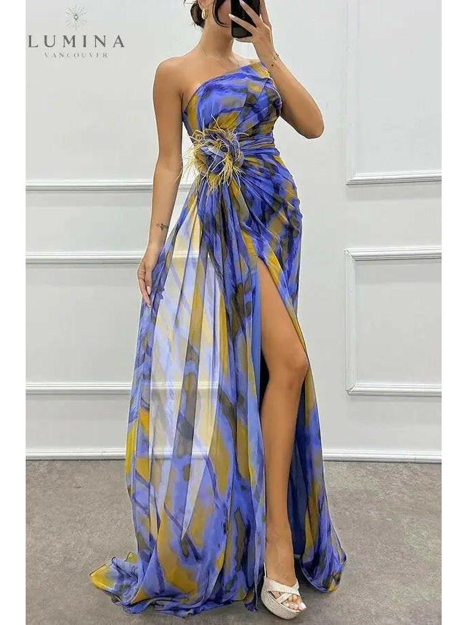 Naomi Iseut Vibrant Maxi Dress in blue, perfect for wedding guests, by Lumina Vancouver, showcasing flowing fabric and elegant design.