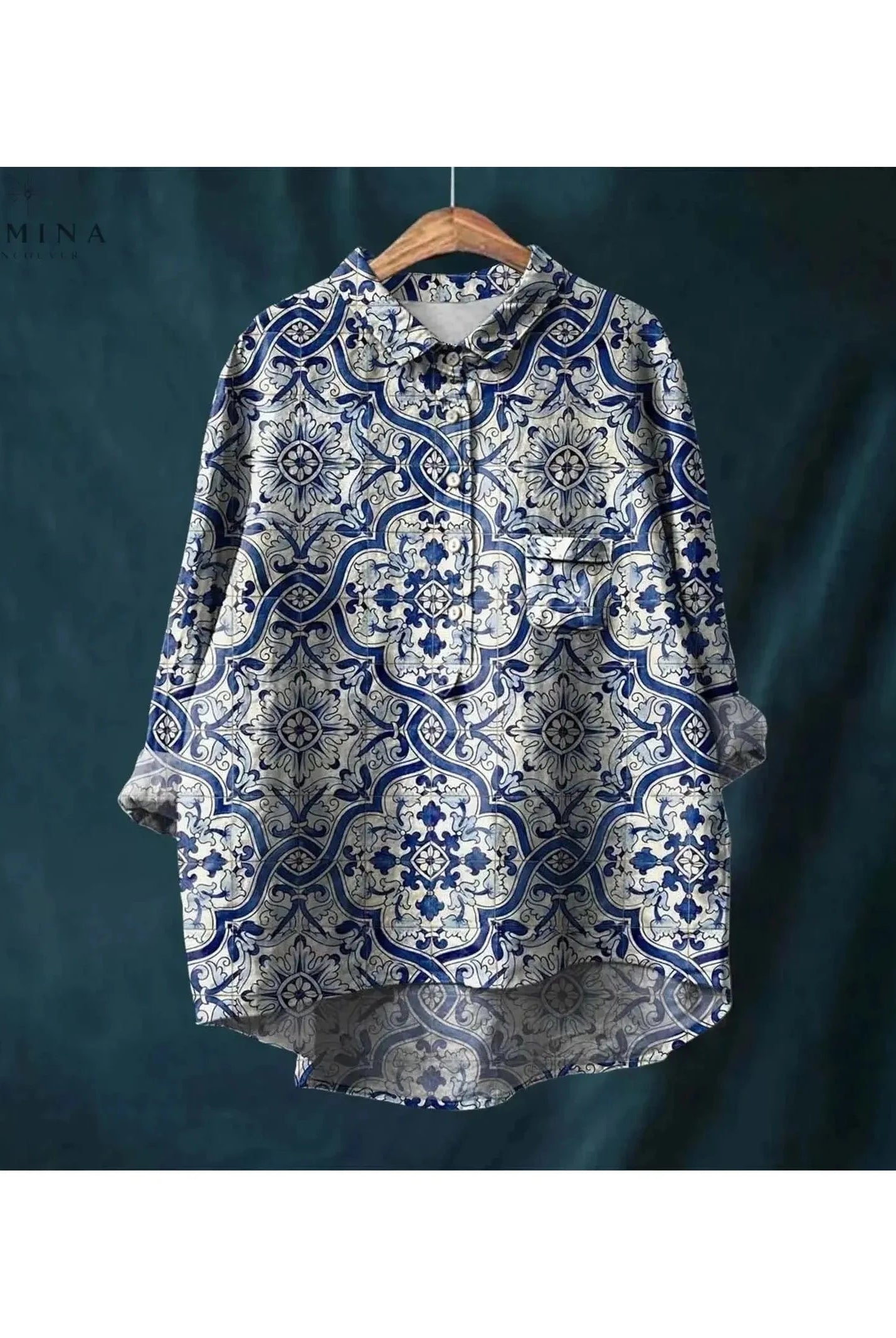 Gray Art Elegant Floral blouse named Natasha by Lumina Wear, featuring a stylish design and lightweight fabric.