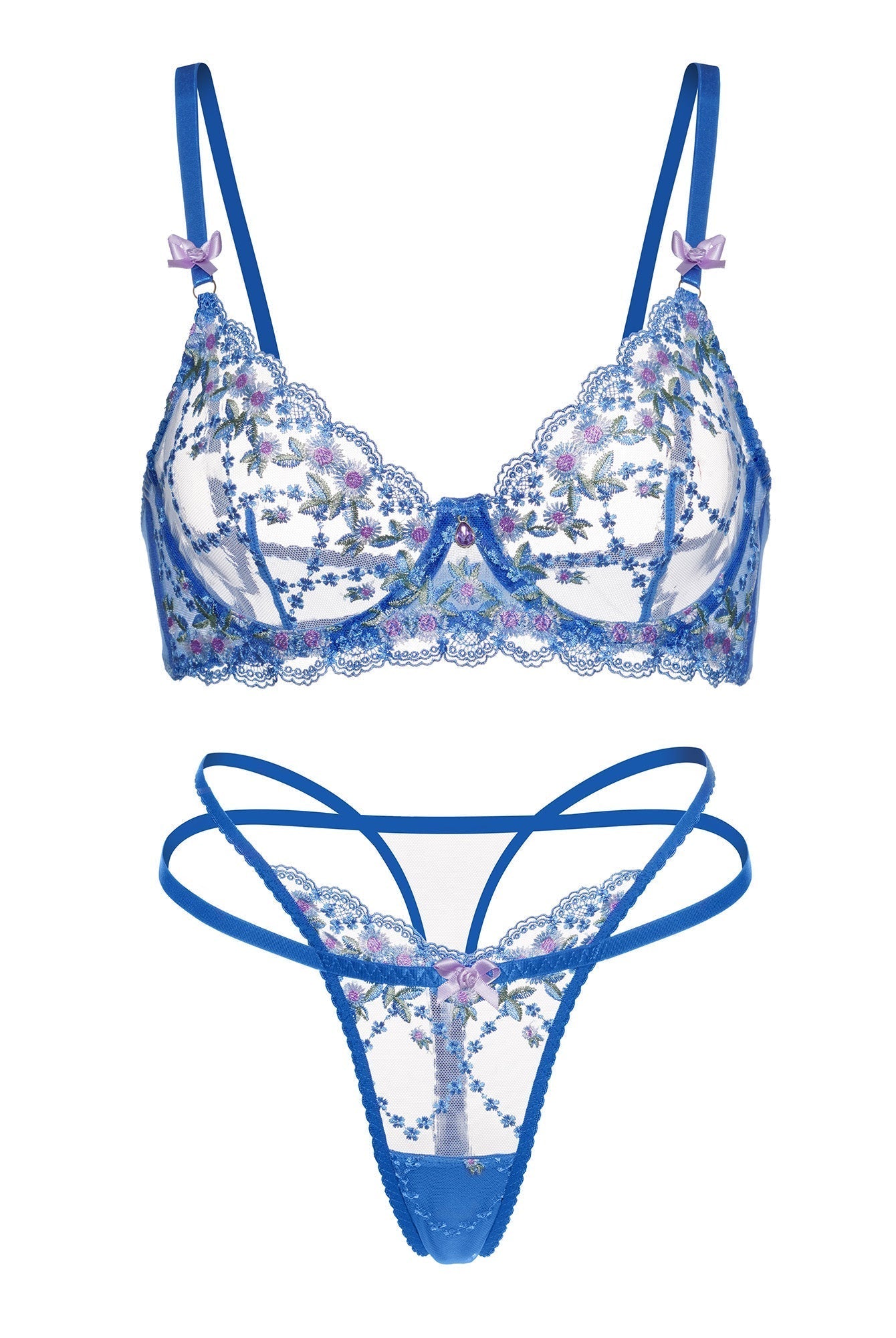 Blue Nautical Nights Blossom lingerie set by Lumina Wear, featuring a supportive bra and matching panties, displayed on a flat lay.