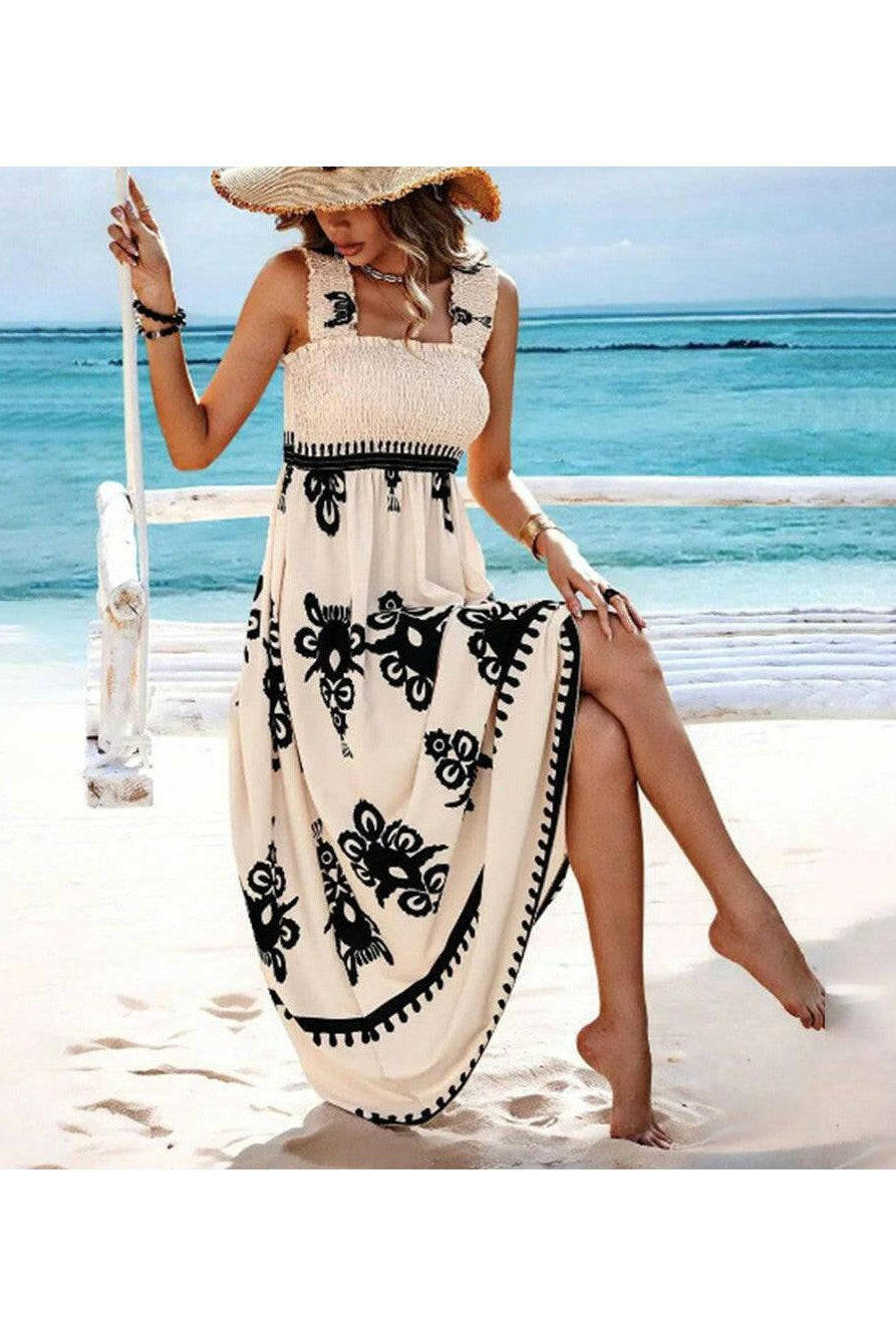 Cream Nereza™ Bohemian Maxi Dress by Lumina Vancouver, flowing design with intricate details, perfect for casual or boho-chic style.