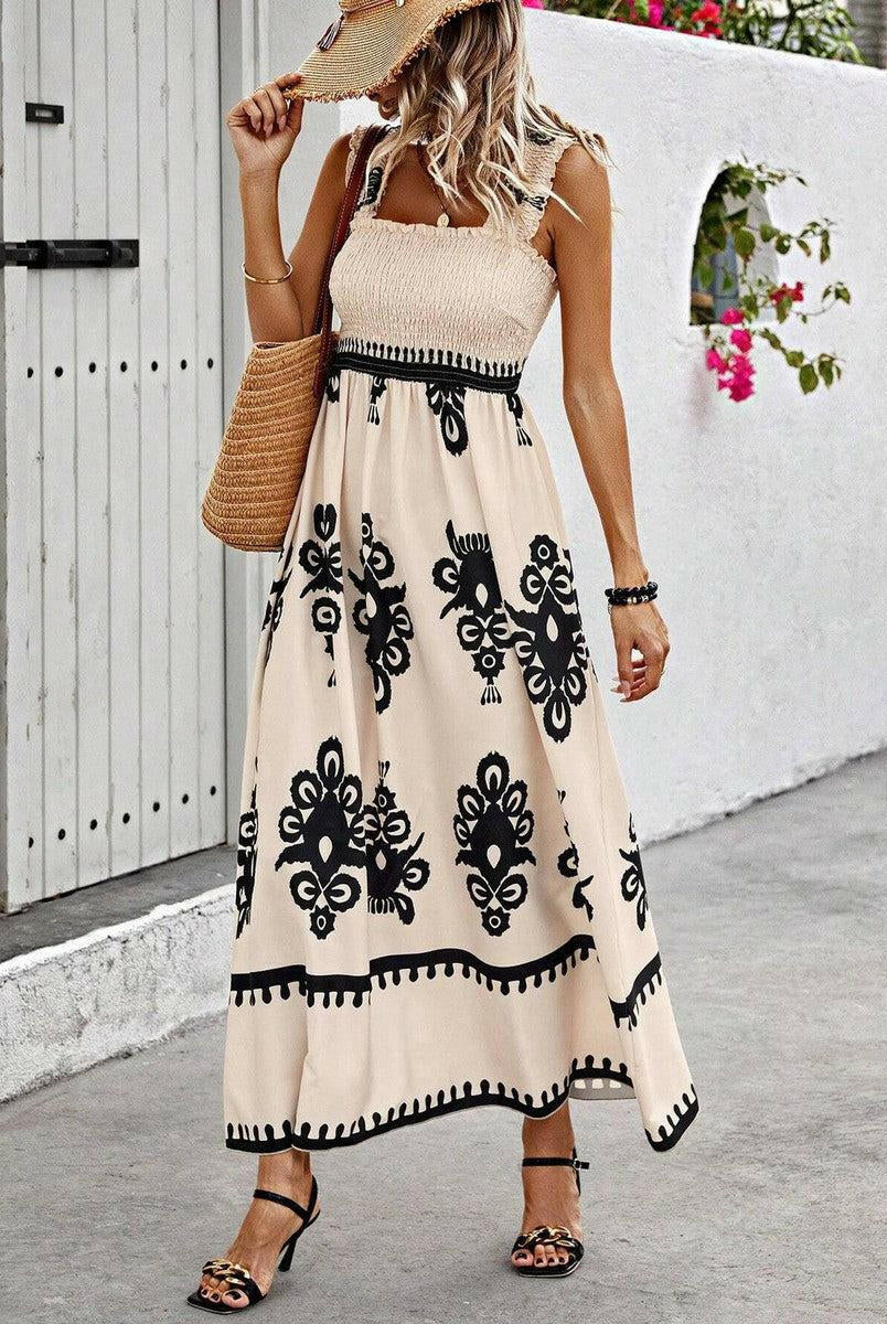 Cream Nereza™ Bohemian Maxi Dress by Lumina Vancouver, flowing and lightweight with intricate boho-inspired details.