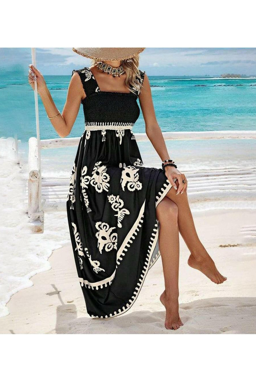 Cream Nereza™ Bohemian Maxi Dress by Lumina Vancouver, flowing fabric with intricate boho patterns, perfect for summer wear.