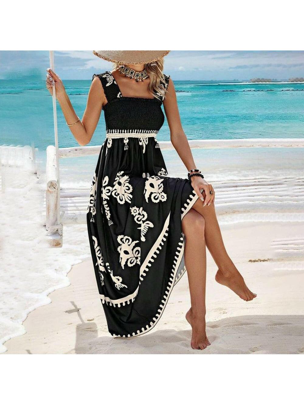 Cream Nereza™ Bohemian Maxi Dress by Lumina Vancouver, flowing fabric with intricate boho patterns, perfect for summer wear.