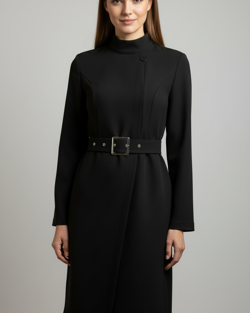 Black Nina asymmetric belted A-line midi dress by Lumina Wear, shown on a model. Elegant, flowy dress with a stylish belt detail.