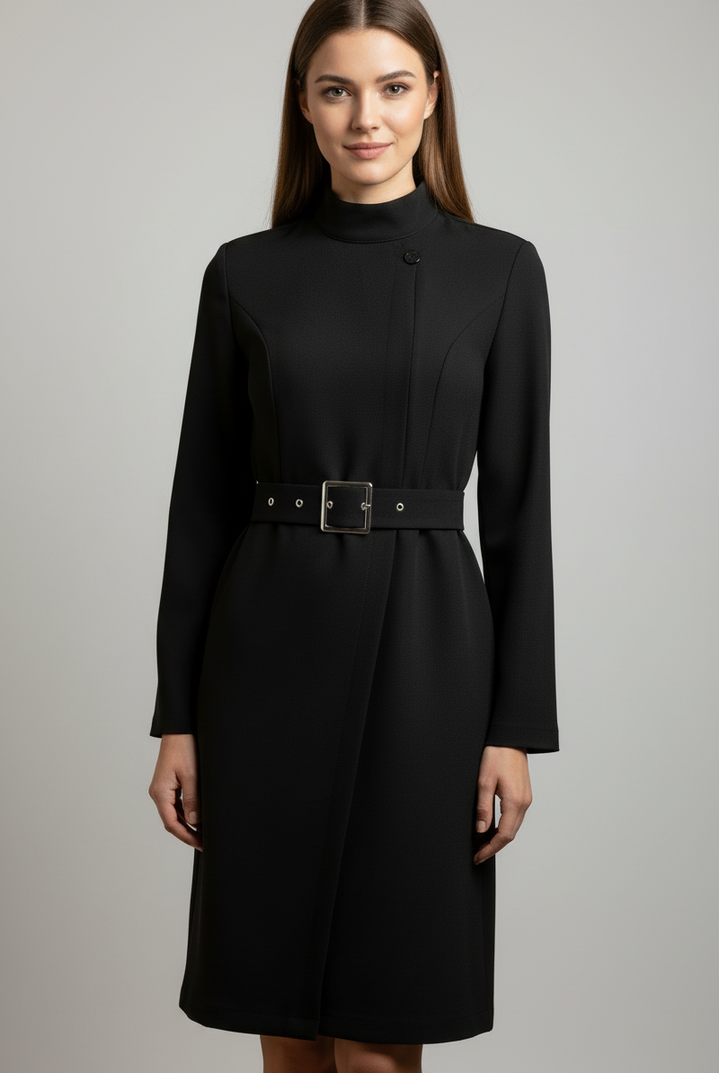 Black Nina asymmetric belted A-line midi dress by Lumina Vancouver, featuring a stylish silhouette and midi length.