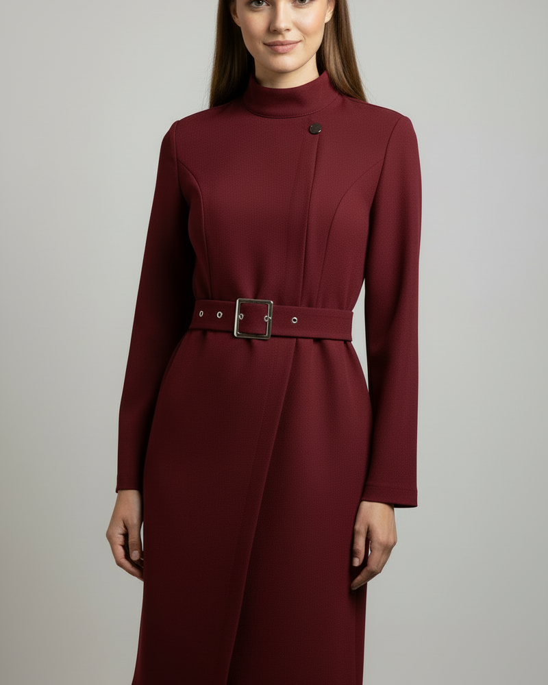 Black Nina Lumina Wear midi dress with asymmetric design and belted A-line silhouette, shown on a model.