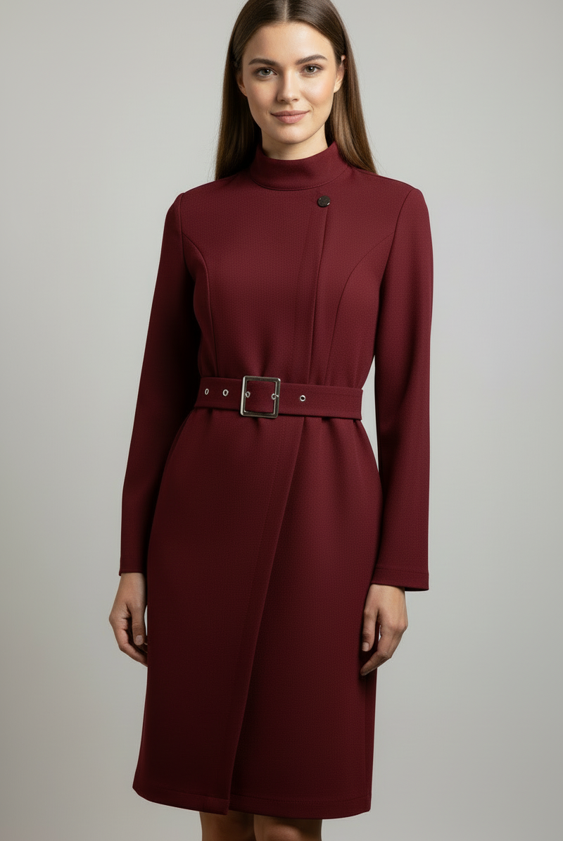 Black Nina asymmetrical belted A-line midi dress by Lumina Vancouver, shown on a model with a fitted waist and flowing skirt.