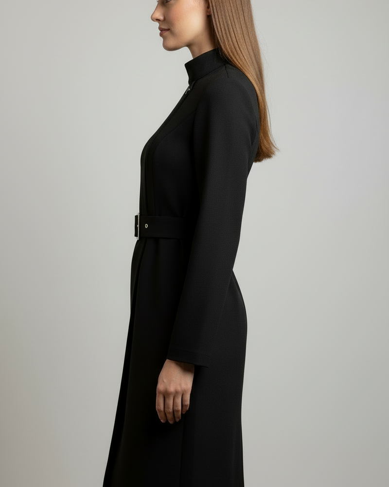 Black Nina Lumina Wear asymmetric belted A-line midi dress, fitted waist, sleeveless, elegant and stylish for casual or formal wear.
