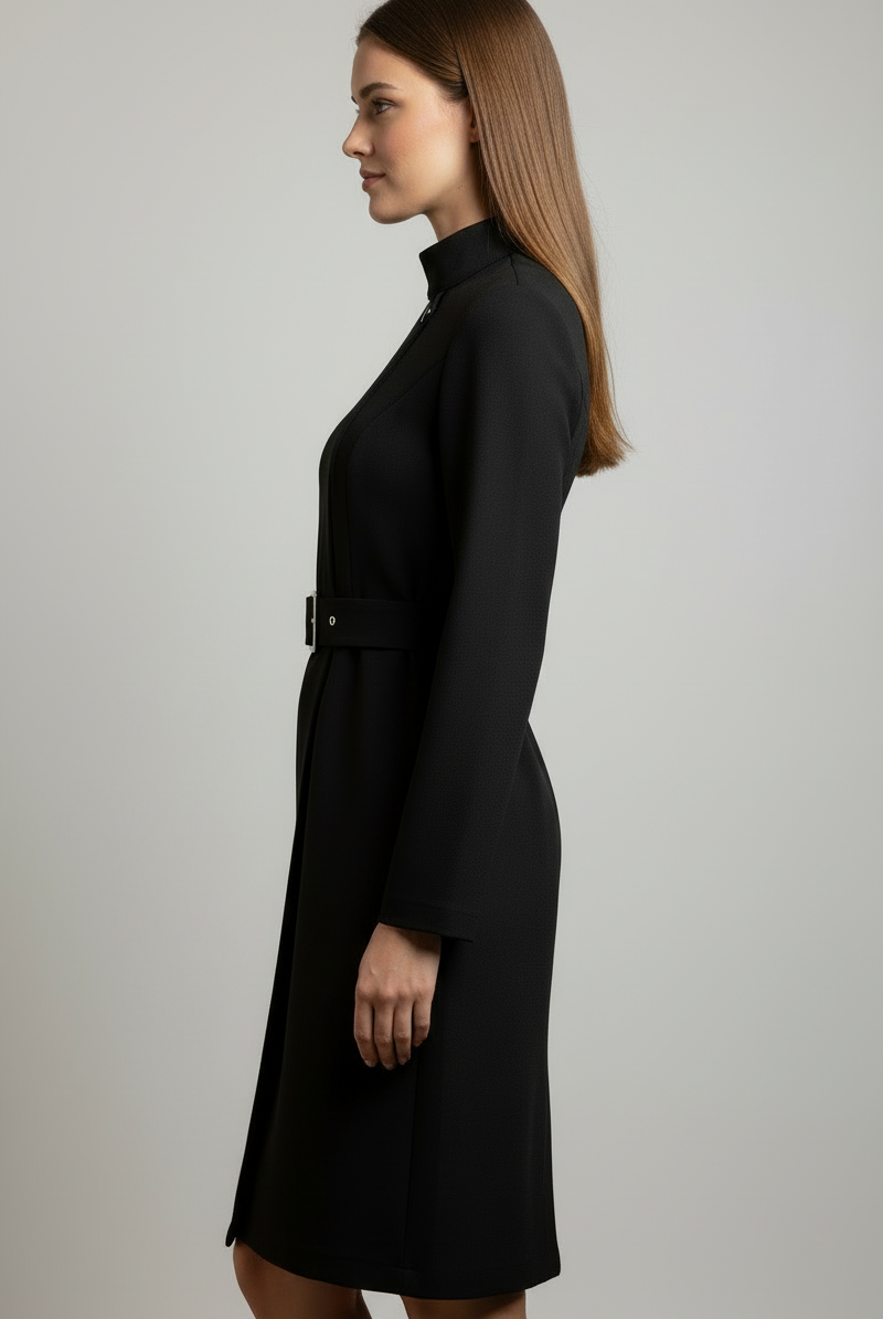 Black Nina Asymmetric Belted A-Line Midi Dress by Lumina Vancouver, featuring a stylish silhouette and elegant design.