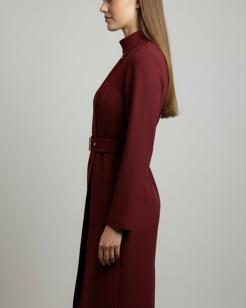 Black Nina asymmetric belted A-line midi dress by Lumina Wear, displayed on a hanger with a focus on the dress's design details.