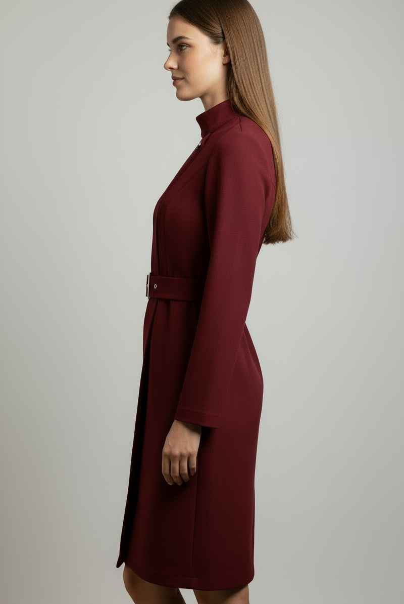 Black Nina asymmetric belted A-line midi dress by Lumina Vancouver, shown on a model, featuring a stylish waist belt and elegant silhouette.