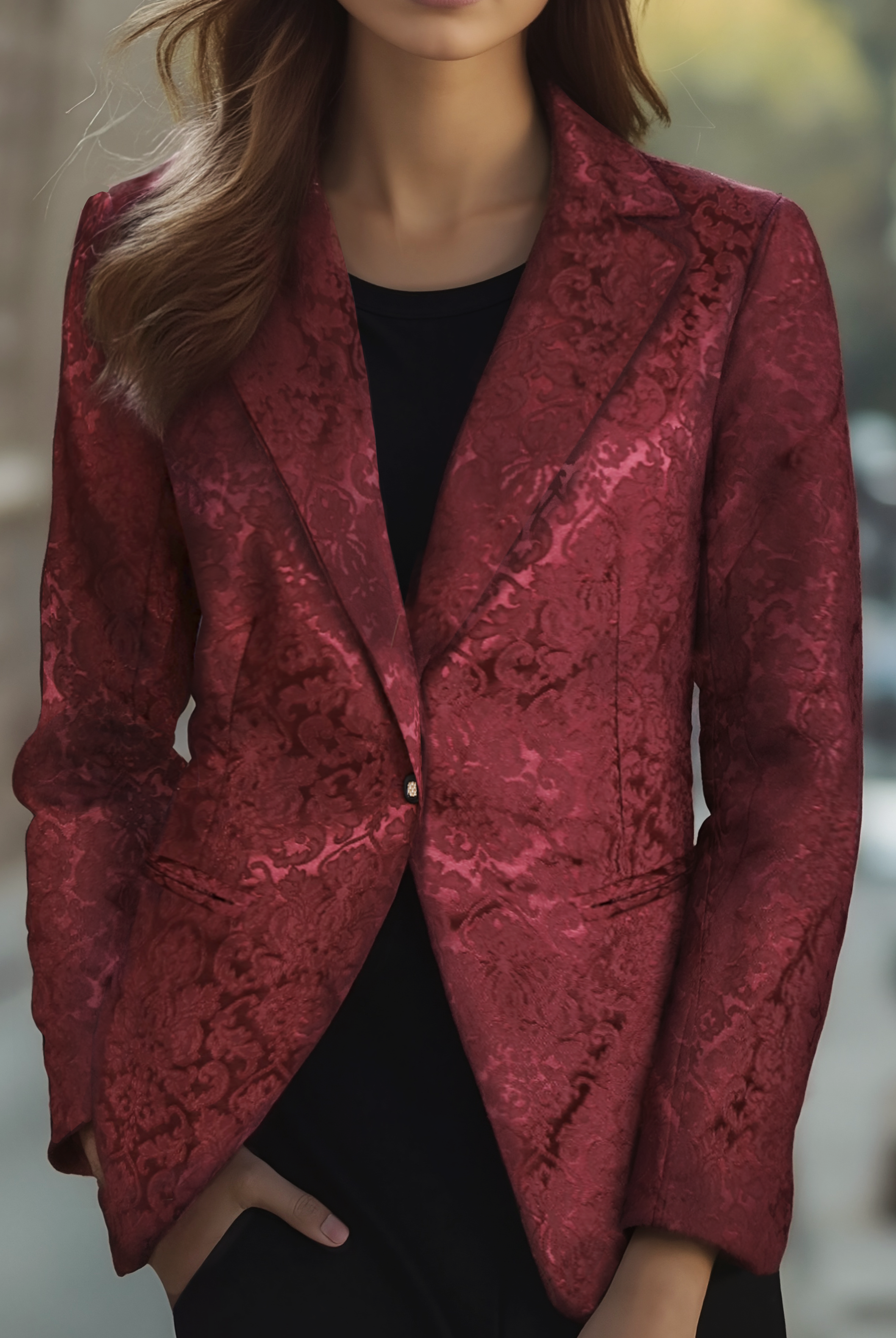 Noble Burgundy Jacquard Satin Blazer by Lumina Wear, tailored fit with elegant satin finish and intricate jacquard pattern.