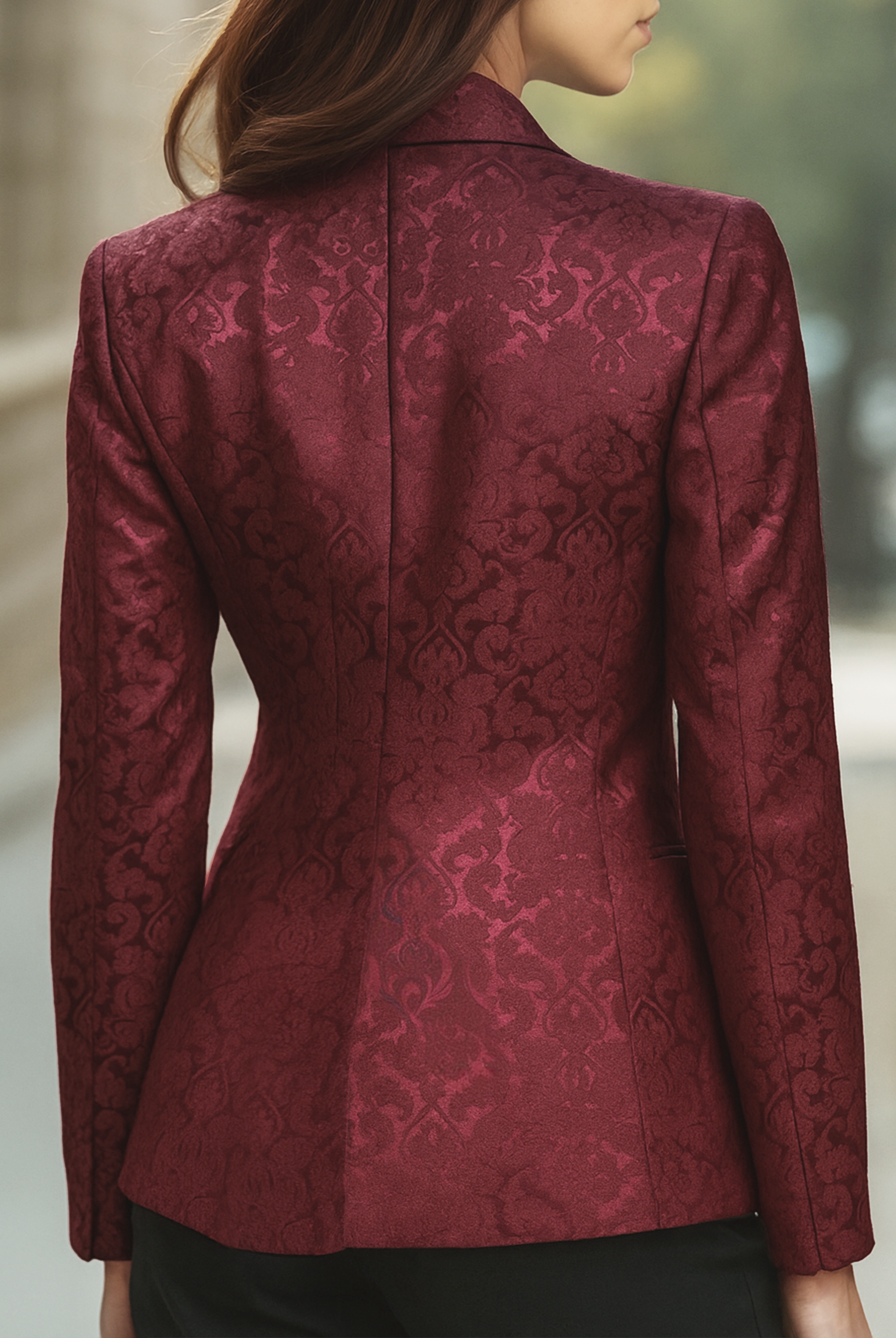 Burgundy Jacquard Satin Blazer by Lumina Wear, tailored fit with elegant textured pattern, styled for formal or chic occasions.