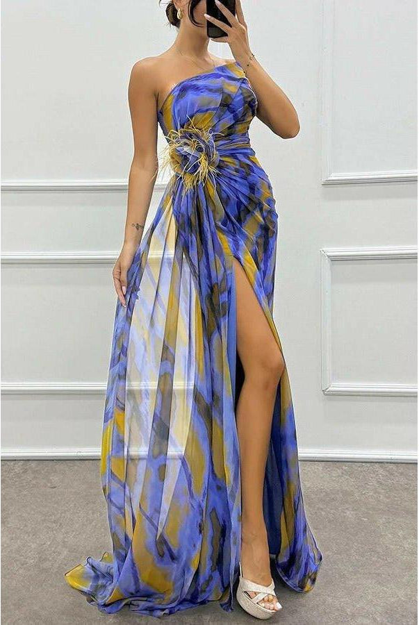 Noemi vibrant blue maxi dress by Lumina Wear, flowing fabric, perfect for wedding guest attire, shown on a model.