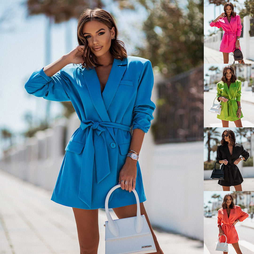 Blue Nova blazer dress by Lumina Vancouver featuring notched lapel, belted waist, and mini length.