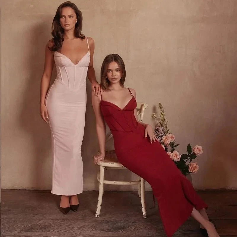 Pink Rosamond bodycon dress with corset bodice by Lumina Vancouver, fitted style, shown on a model.
