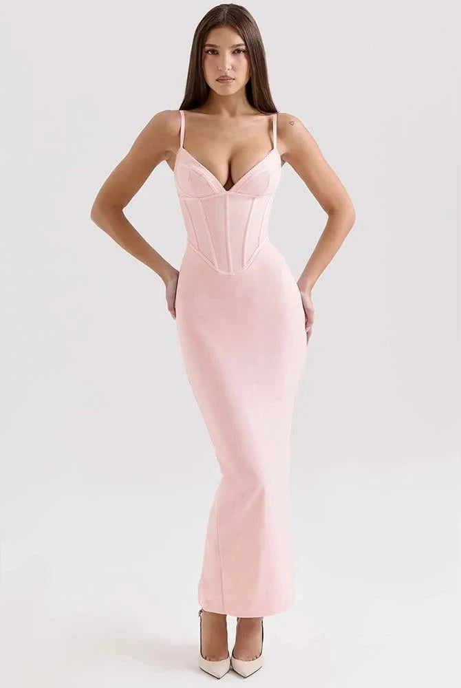 Pink Rosamond bodycon maxi dress with corset bodice by Lumina Wear, featuring a fitted silhouette and elegant design.