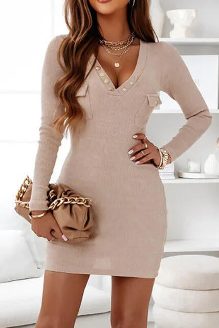 Khaki Nova Lumina bodycon mini dress featuring a V-neck, shown on a model with a fitted silhouette and stylish design.
