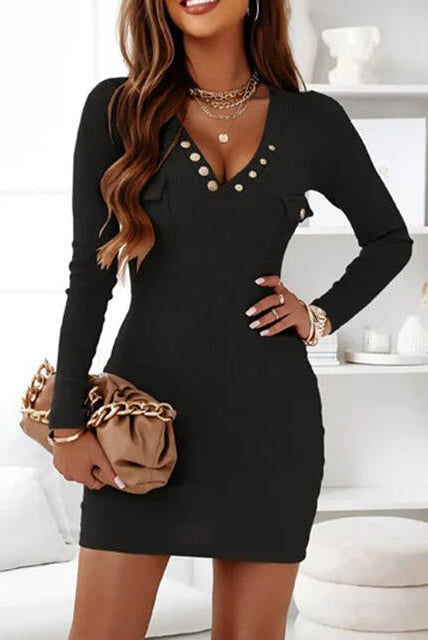 Khaki Nova bodycon mini dress with V-neck by Lumina Vancouver, fitted style, sleeveless, perfect for stylish occasions.