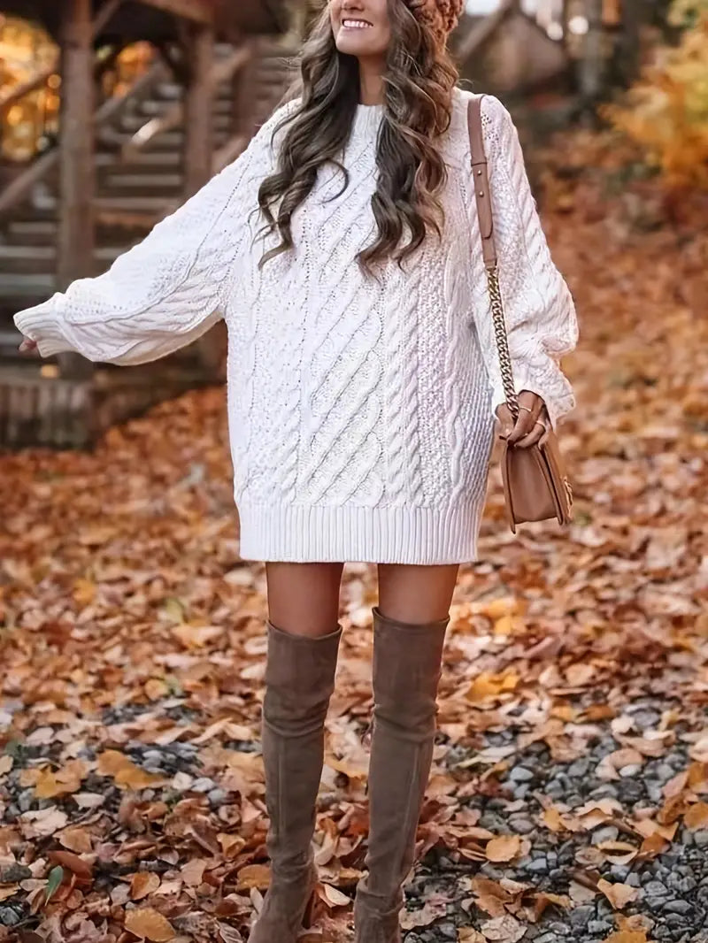 White Nova Cable Braided Sweater Dress by Lumina Vancouver, mini dress with textured cable knit design, sleeveless fit.
