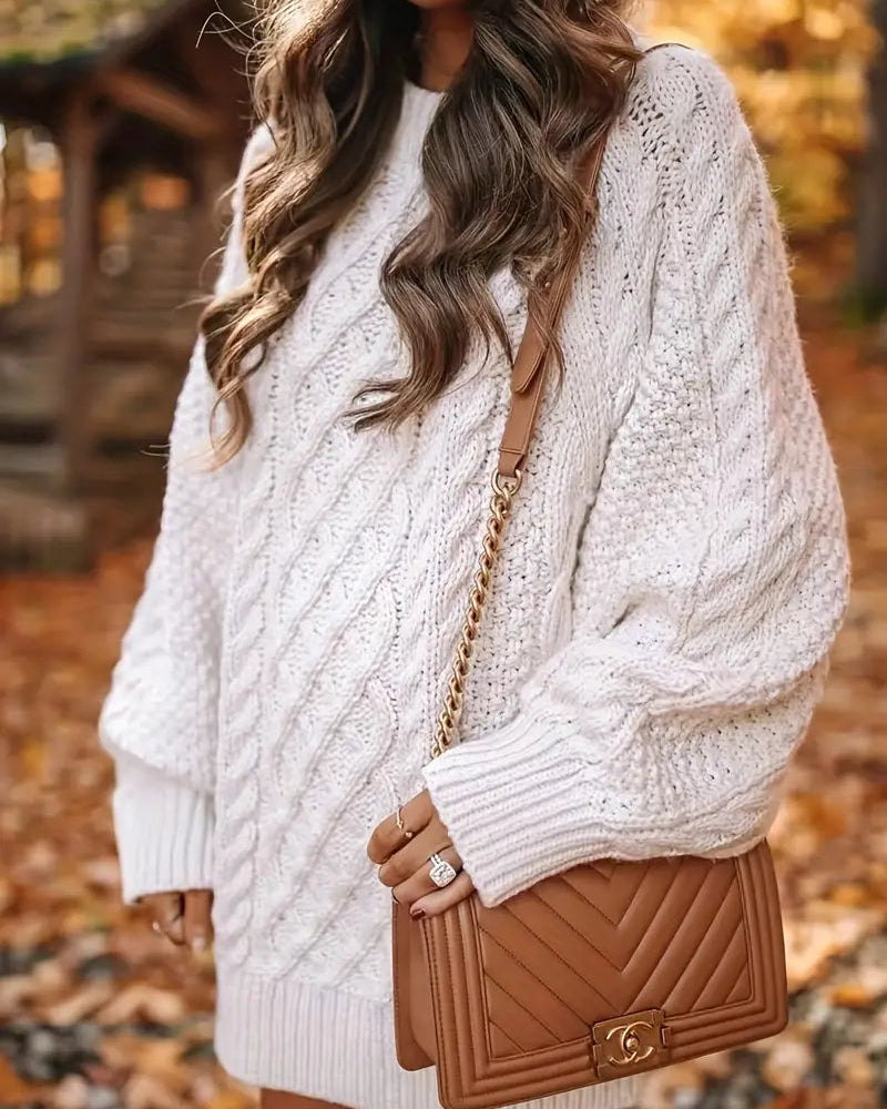 White Nova Cable Braided Sweater Dress by Lumina Wear, featuring a fitted mini dress design with textured cable details.