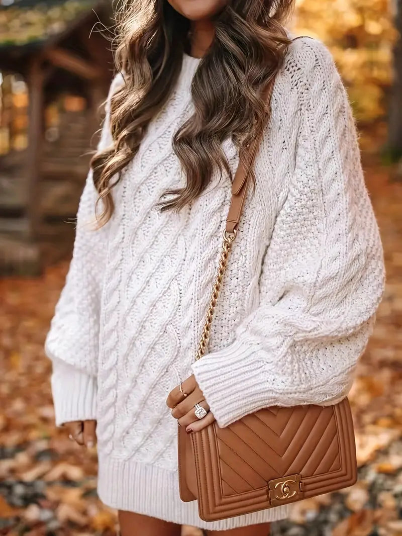White Nova Cable Braided Sweater Dress by Lumina Vancouver, featuring a mini length and textured knit design.