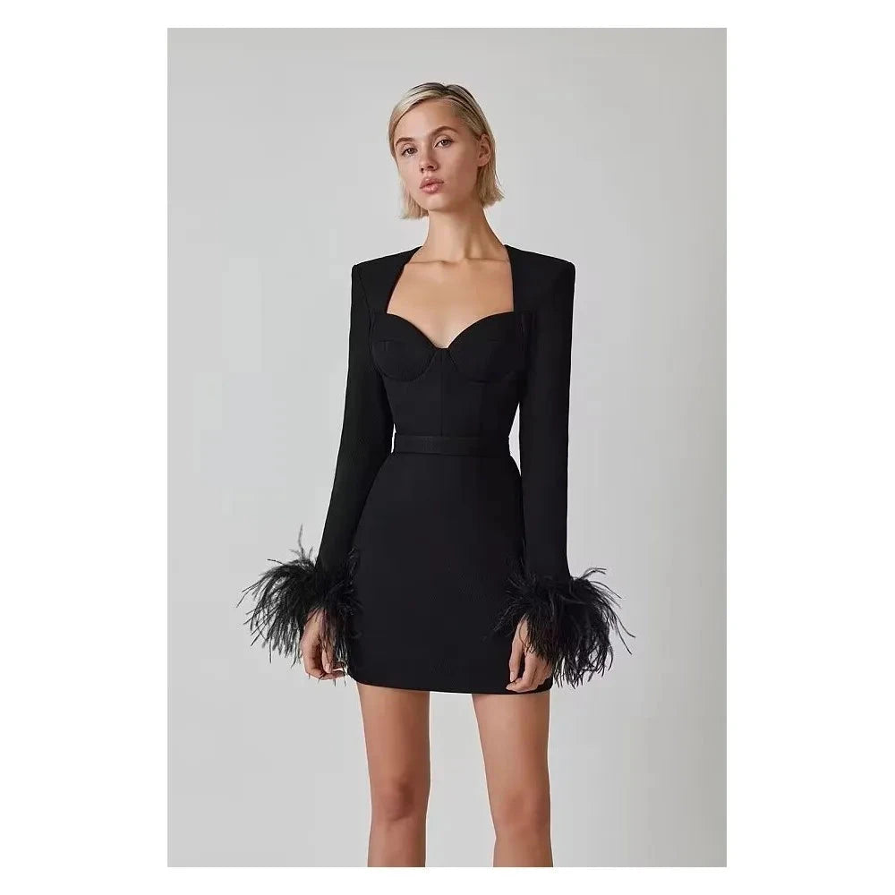 Women's Cocktail Dress - Sweetheart Neckline - Long Sleeve Feather Trim - Mini Length by Lumina Vancouver