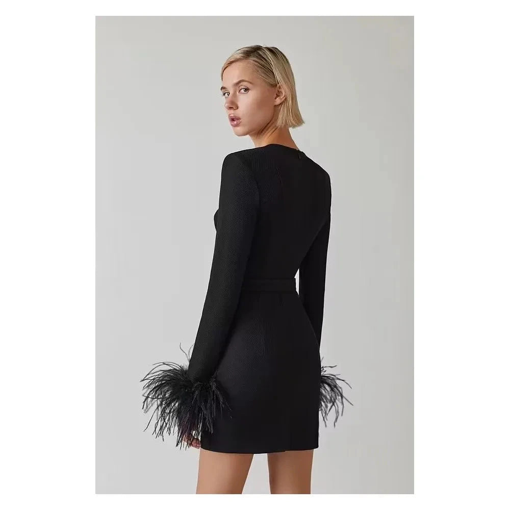 Women's Cocktail Dress - Sweetheart Neckline - Long Sleeve Feather Trim - Mini Length by Lumina Vancouver