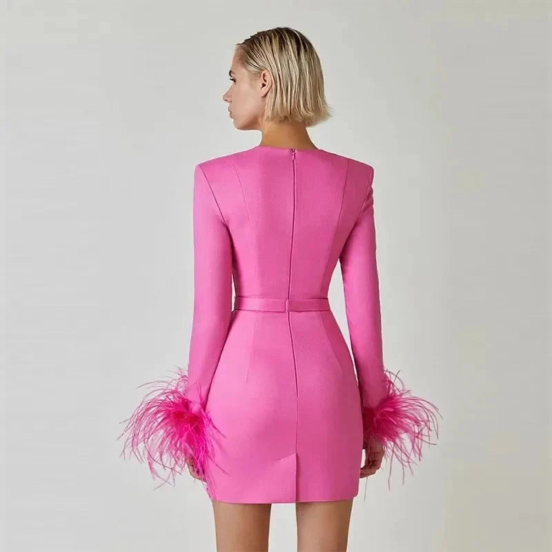 Women's Cocktail Dress - Sweetheart Neckline - Long Sleeve Feather Trim - Mini Length by Lumina Vancouver