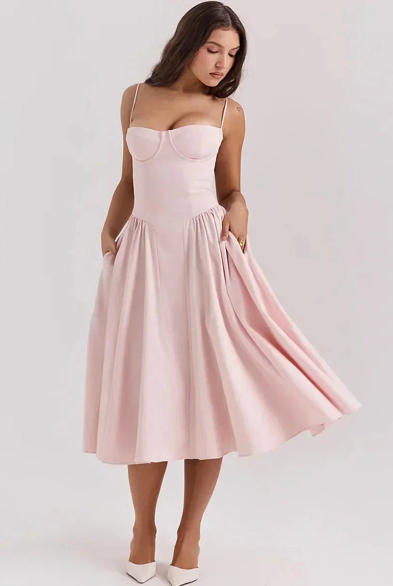 Pink Nova corset dress with sweetheart neckline from Lumina Wear, featuring fitted bodice and elegant style for special occasions.