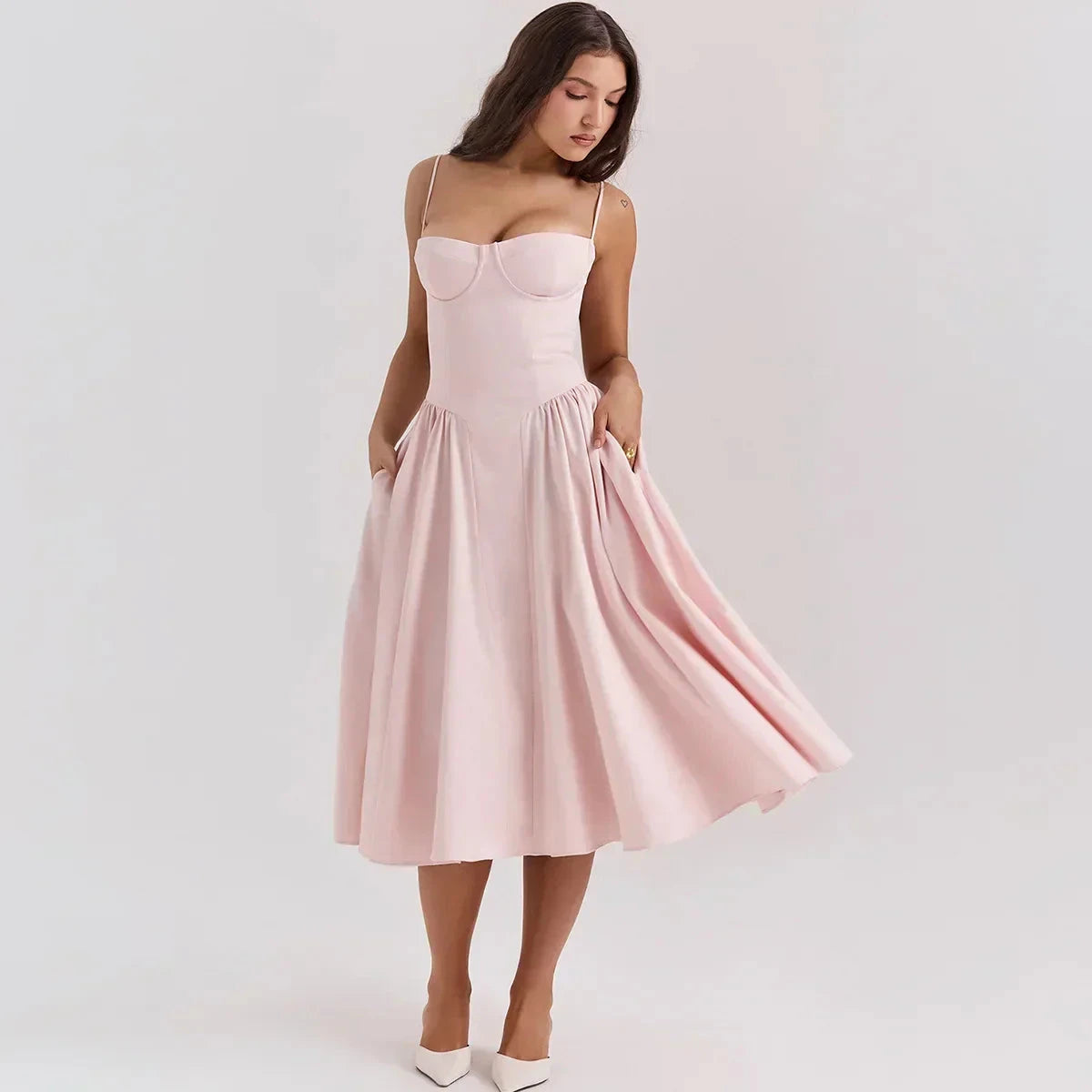 Pink Nova corset dress with sweetheart neckline from Lumina Wear, featuring fitted bodice and elegant style for special occasions.