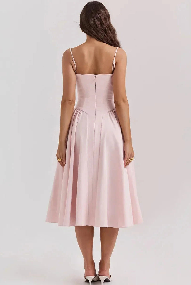 Pink Nova corset dress with sweetheart neckline from Lumina Wear, featuring fitted bodice and elegant style.