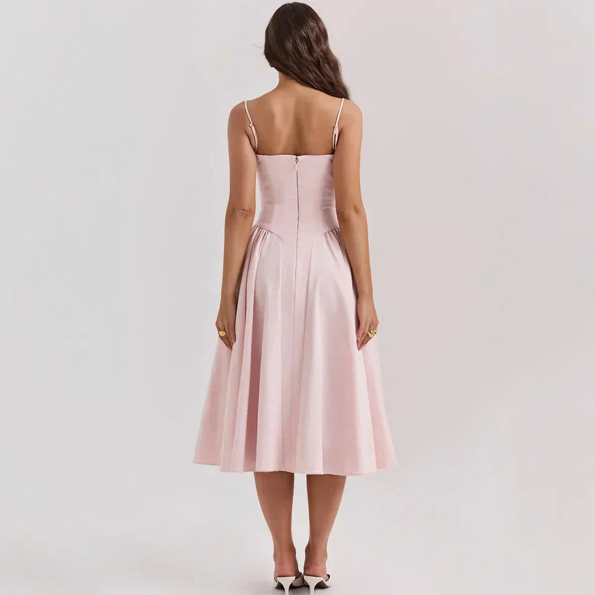 Pink Nova corset dress with sweetheart neckline from Lumina Wear, featuring fitted bodice and elegant style.
