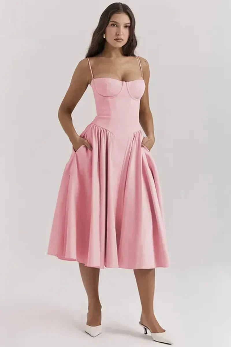 Pink Nova corset dress with sweetheart neckline by Lumina Wear, featuring fitted bodice and elegant design for special occasions.