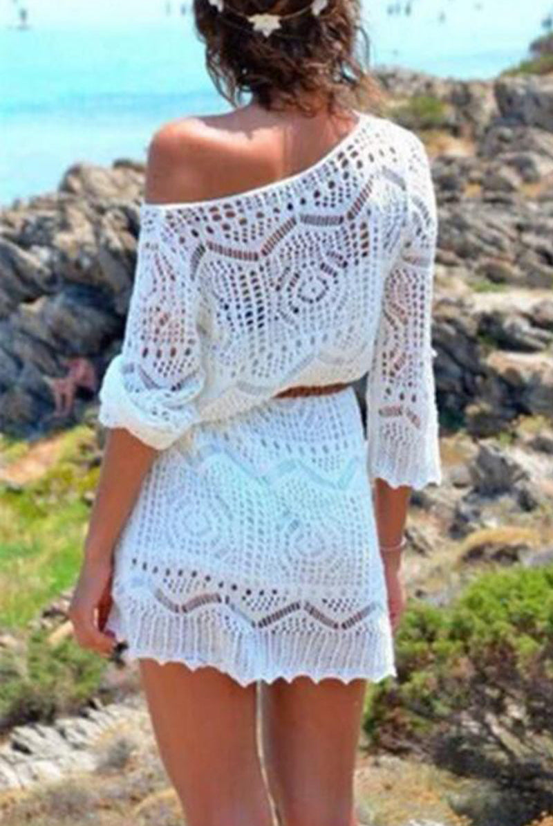 White Nova crochet beach cover-up dress by Lumina Vancouver, featuring a lightweight, breezy design perfect for beachwear.
