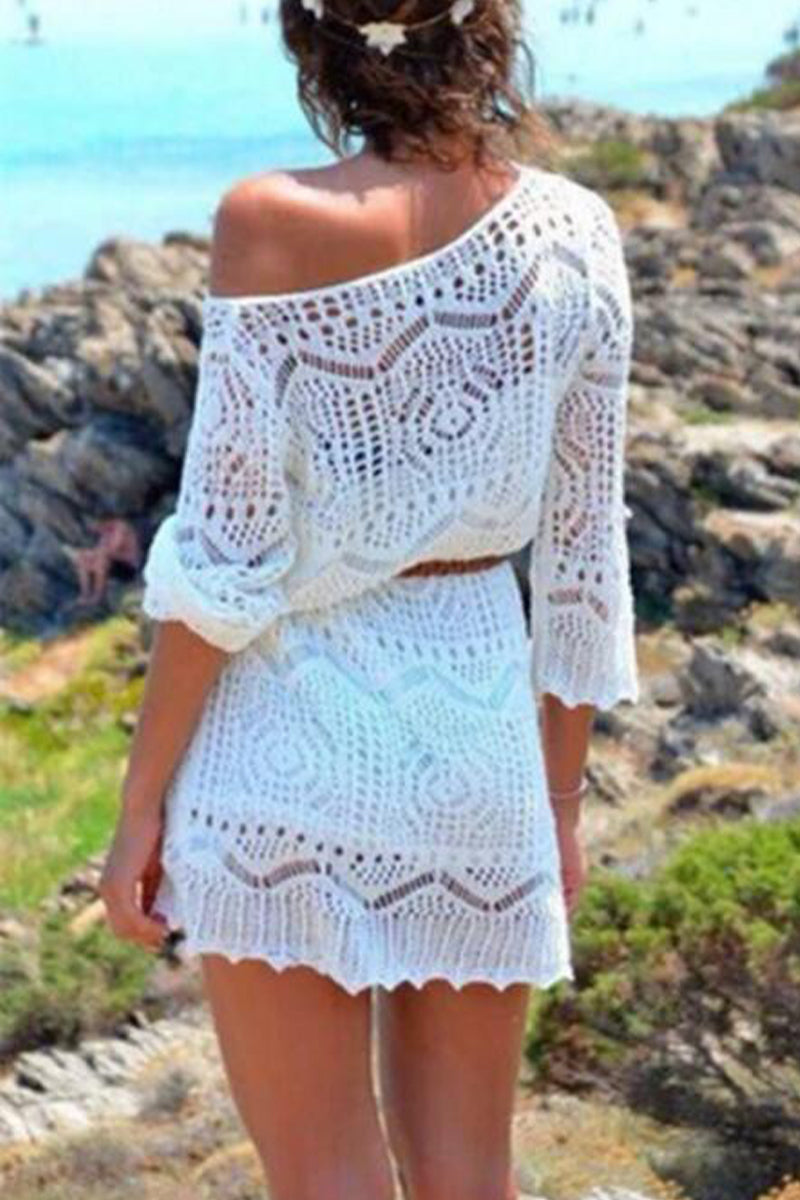 White Nova crochet beach cover-up dress by Lumina Vancouver, featuring a lightweight, breezy design perfect for beachwear.