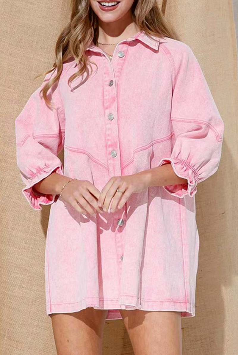 Pink denim button-down shirt dress by Lumina Vancouver, featuring a casual fit and classic collar, styled for everyday wear.