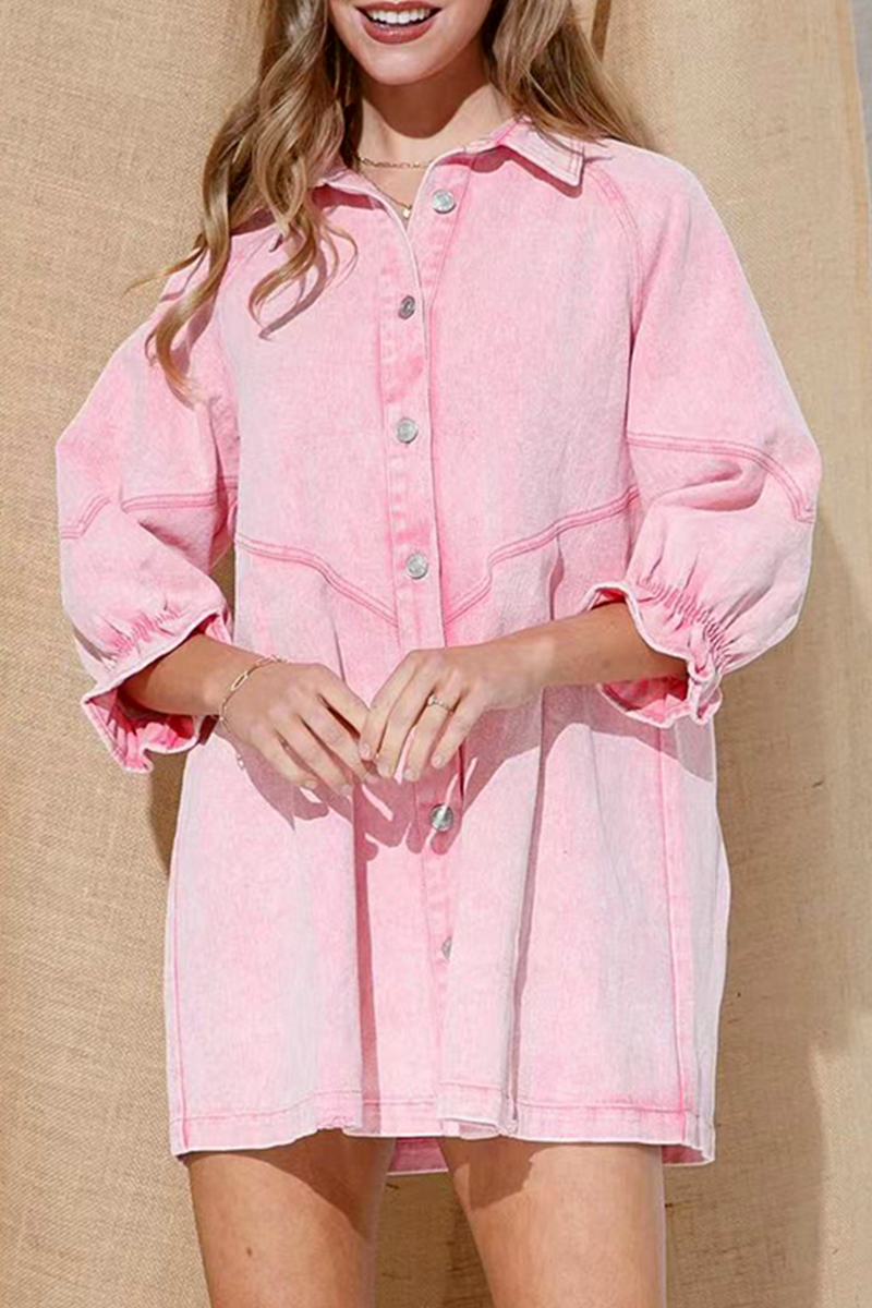 Pink denim button-down shirt dress by Lumina Vancouver, featuring a casual fit and classic collar, styled for everyday wear.
