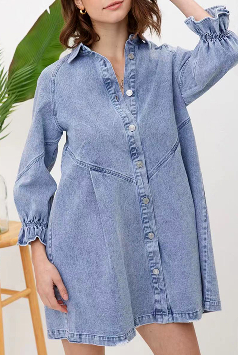 Pink denim button-down shirt dress from Lumina Vancouver, styled as a casual, relaxed fit with front buttons and collar.