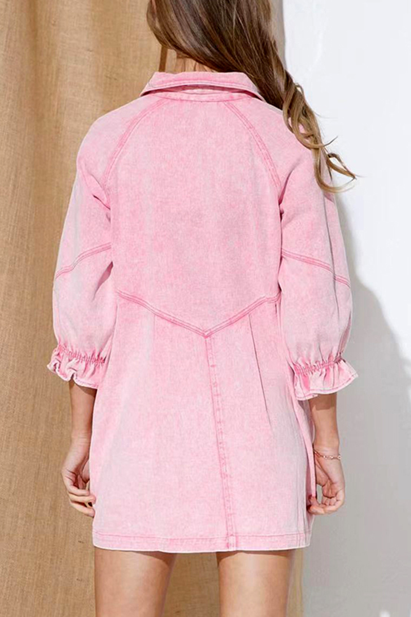 Pink denim button-down shirt dress from Lumina Vancouver's Nova collection, featuring a casual, relaxed fit and classic design.