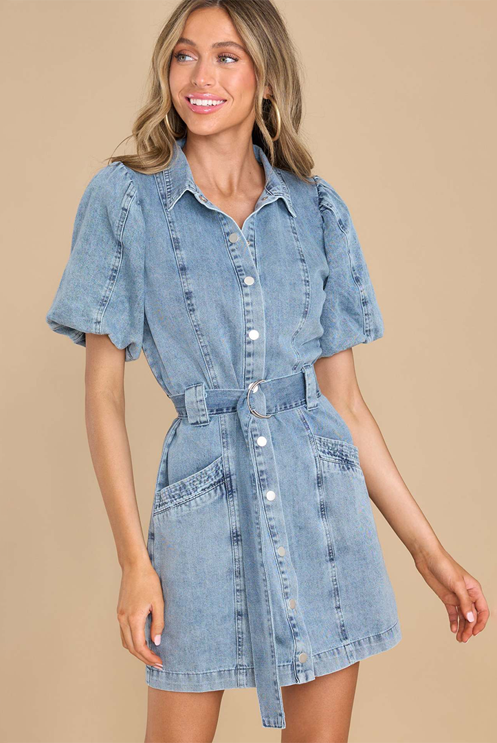 Lumina Vancouver Nova denim shirt dress with puff sleeves, mini length, casual style, featuring classic denim fabric and button front.