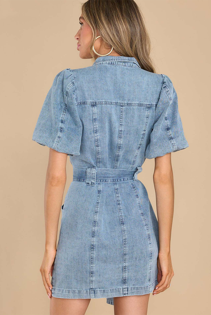 Lumina Vancouver Nova denim shirt dress with puff sleeves, mini length, stylish casual denim dress, front button closure.