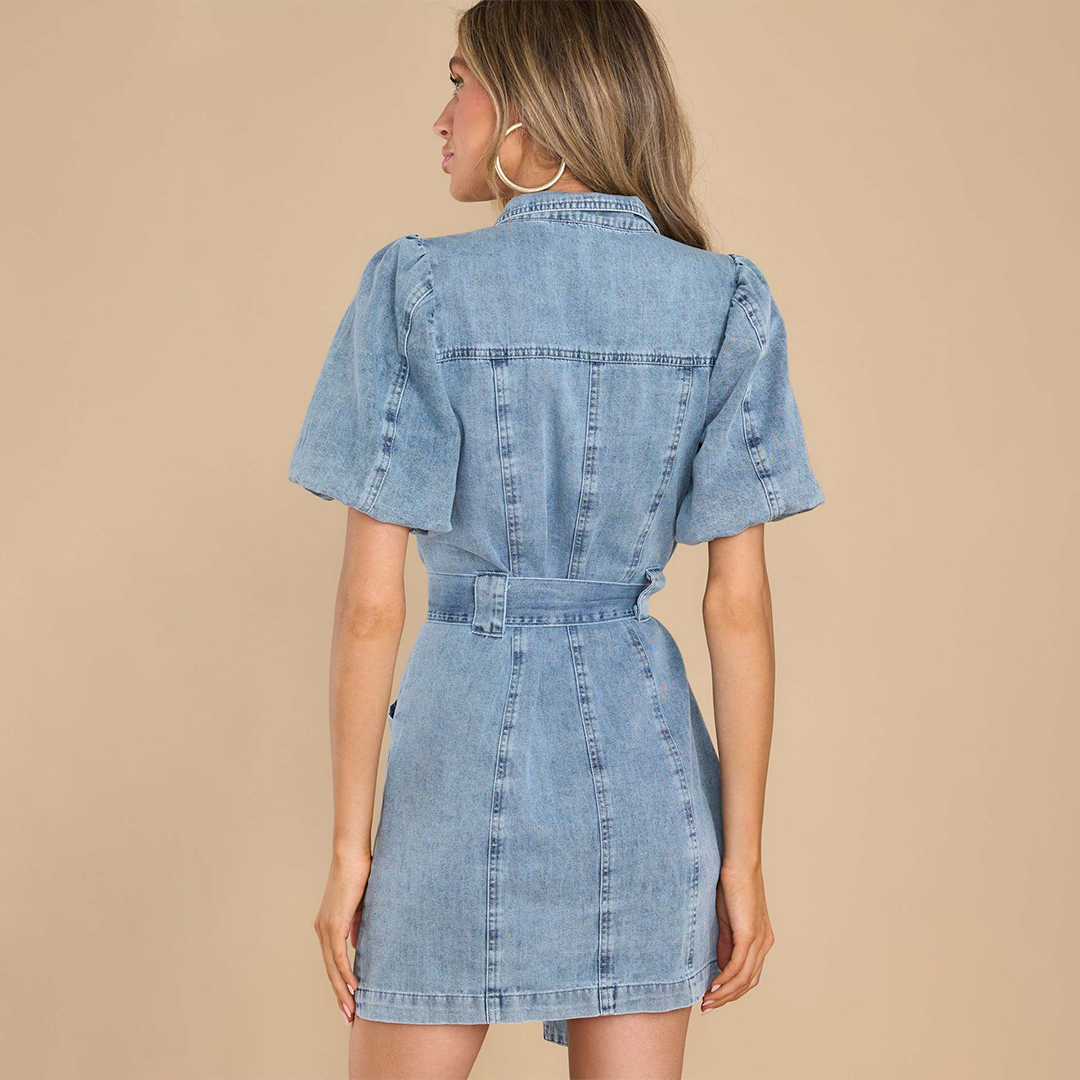 Lumina Vancouver Nova denim shirt dress with puff sleeves, mini length, stylish casual denim dress, front button closure.